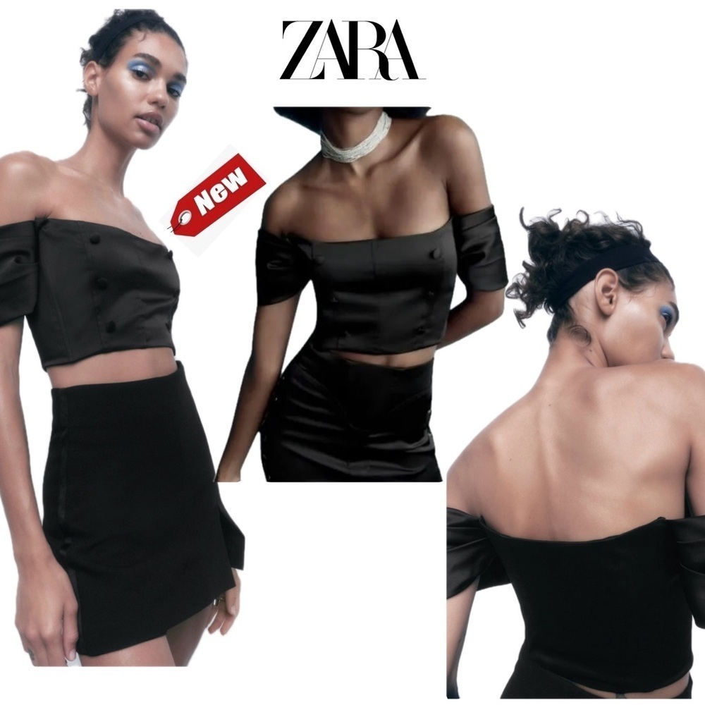Zara Black satin effect buttoned short pleated sleeve crop top Sz L NWT - Picture 1 of 15